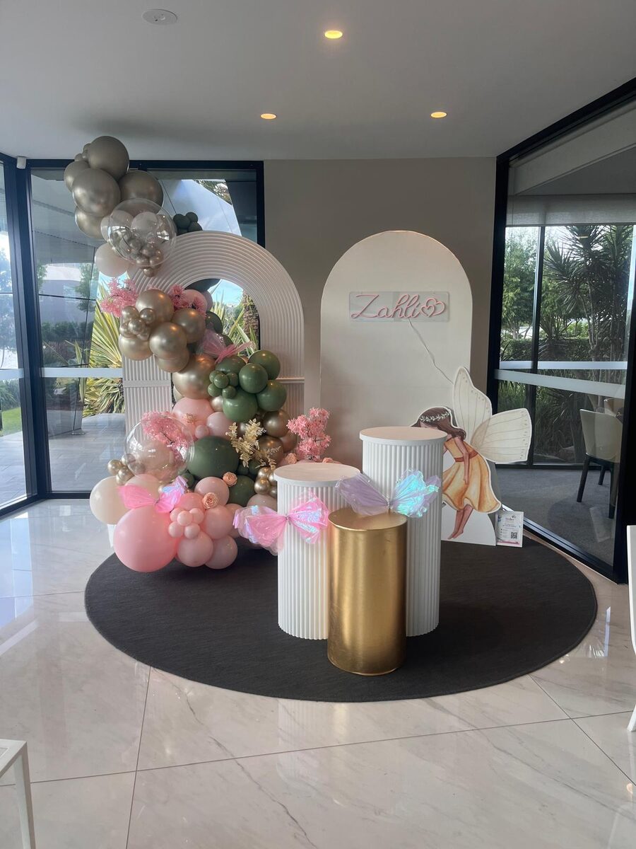 Fairy birthday party styling with arch, plinths and butterfly cutout